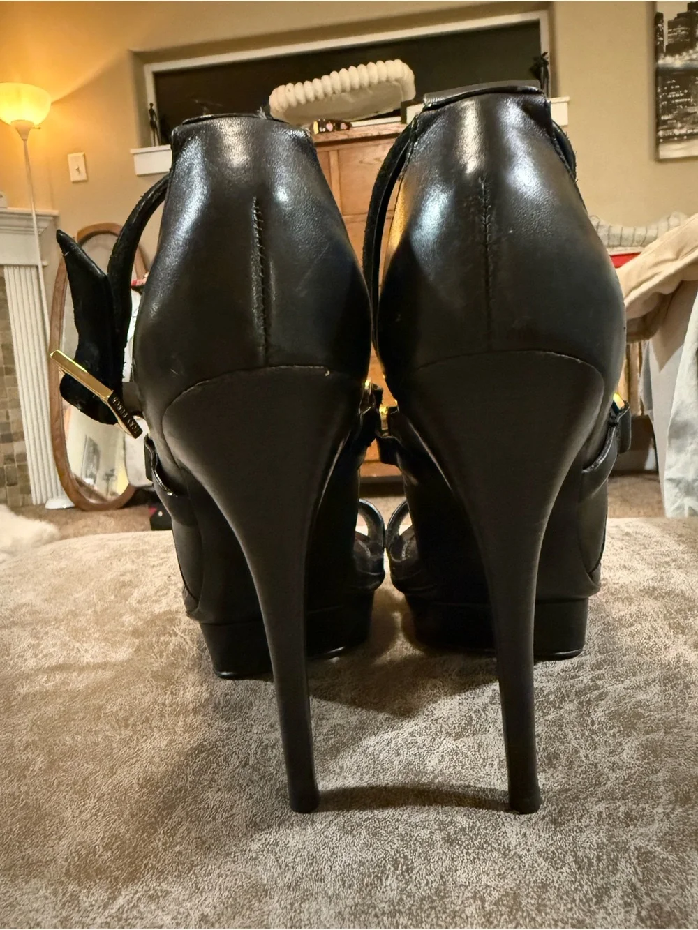 Tory Burch Black Strappy Platform High Heel Sandals with Gold Buckles